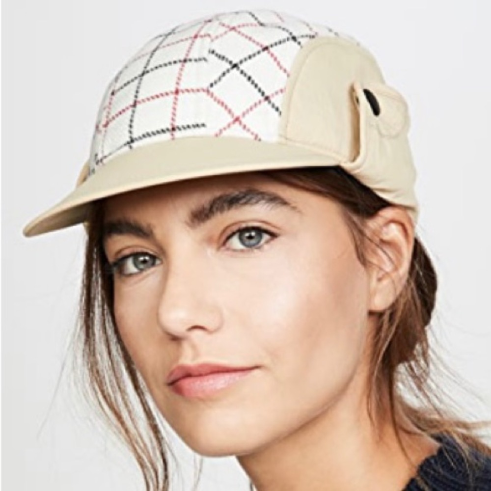 Rag & Bone puffer pilot cap hat plaid cream multi